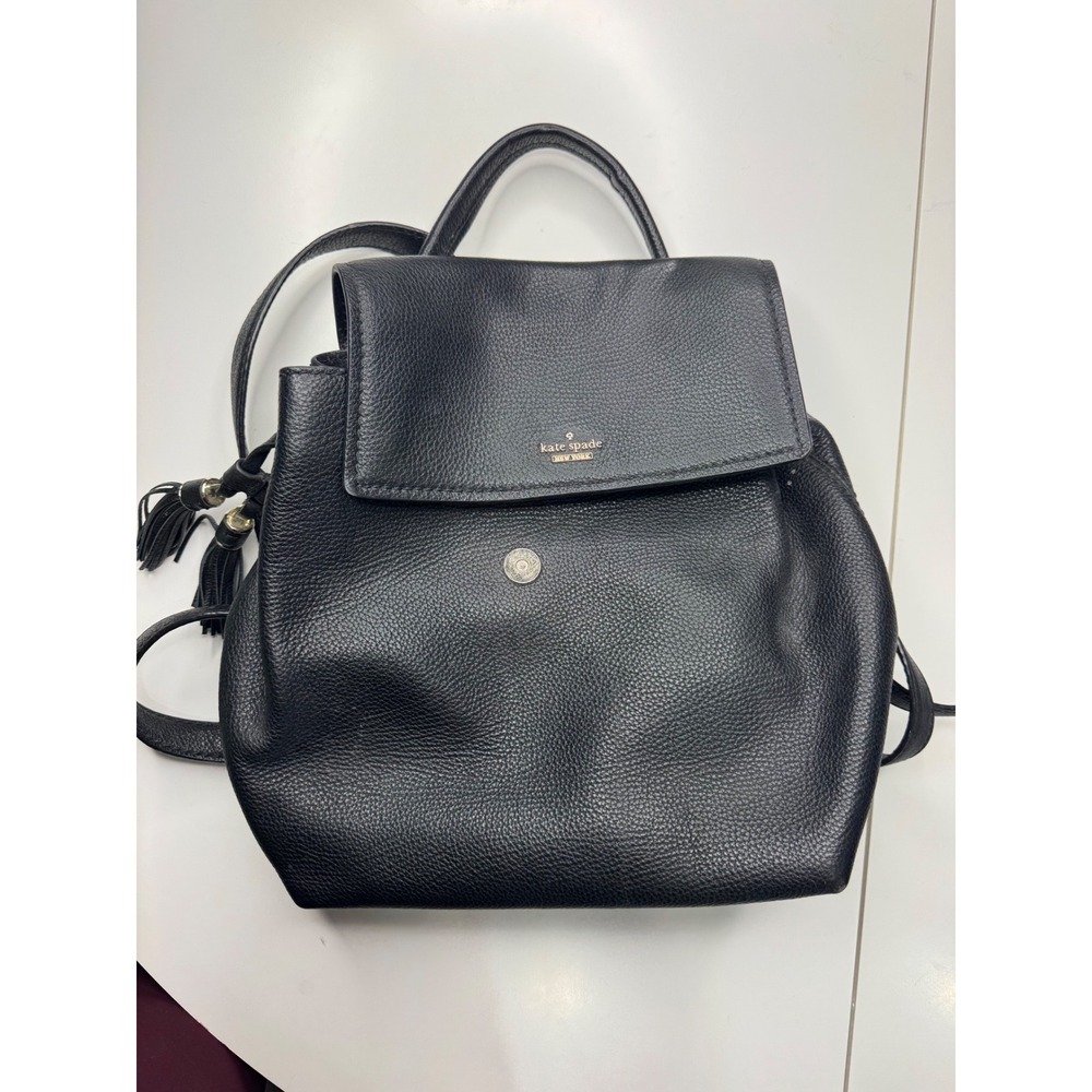 Kate Spade New York Black Pebbled Leather Tassel Drawstring Backpack Bag